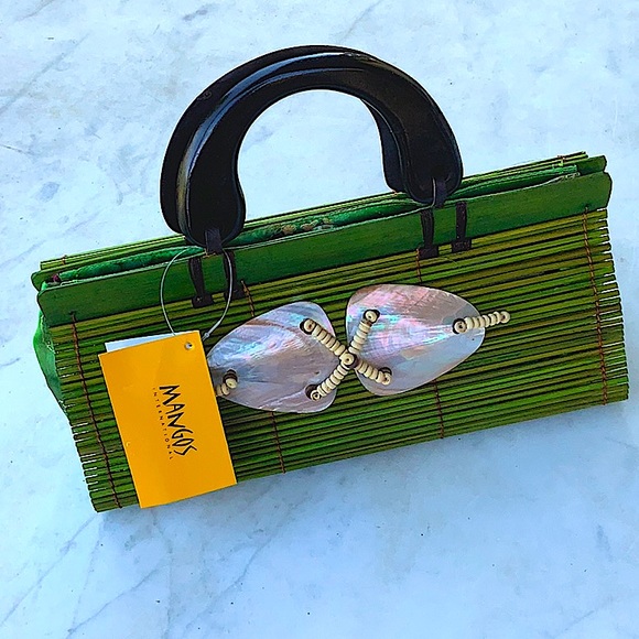 MANGOS PURSE HANDBAG WICKER GREEN MOTHER OF PEARL NEW HANDCRAFTED Y2K VINTAGE - Picture 3 of 11